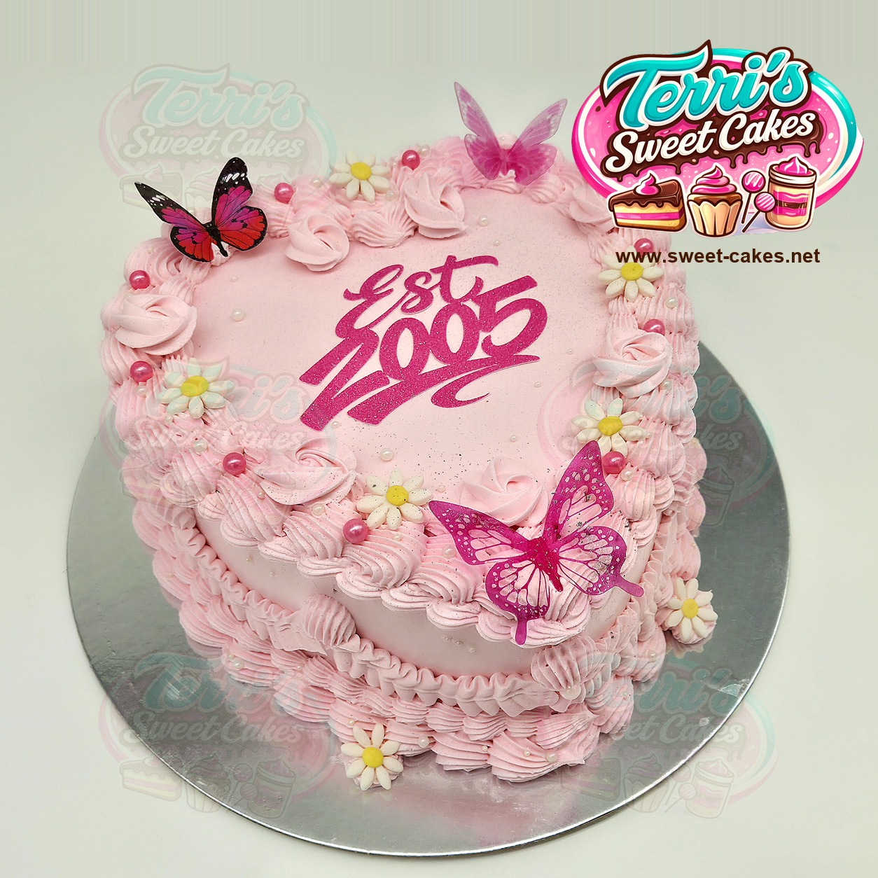 Pink Lambeth Heart Cake with Butterflies