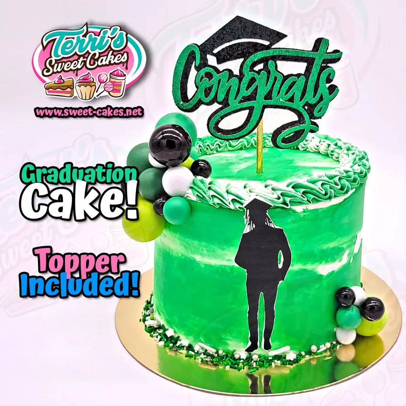 Green graduation cake with a Congrats topper, black graduate silhouette, and green and black sphere decorations.