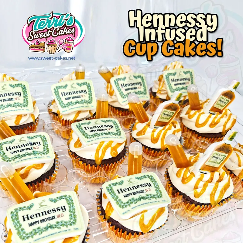 Cupcakes with white frosting, caramel drizzle, Hennessy labels, and amber-filled pipettes.