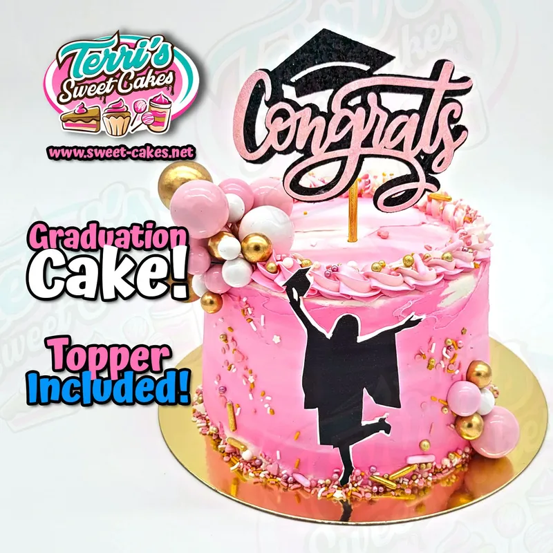 Pink graduation cake with a Congrats topper, graduate silhouette, and pink, white, and gold decorations.